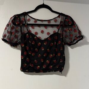 Black Sheer Top with Glitter Strawberries